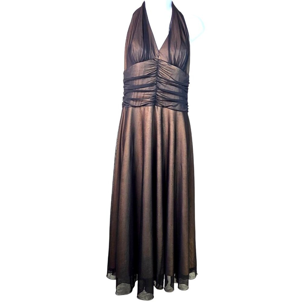 Connected Halter Maxi Chiffon Black Overlay Brown Formal Dress Size 12 Ruched - Picture 1 of 5